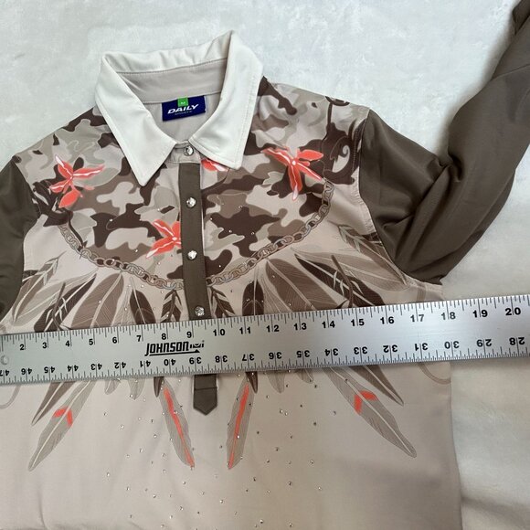 Daily Sports Womens Camo Feather Long Sleeve Polo Shirt Medium Beige Rhinestones - Picture 6 of 9